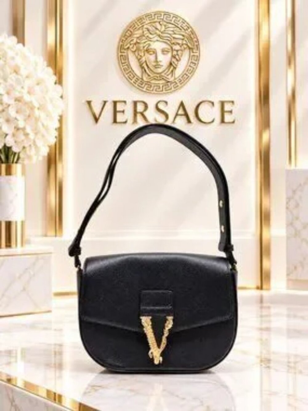 Authentic Versace Virtus Black Leather Shoulder Bag Gold V Hardware Luxury Purse